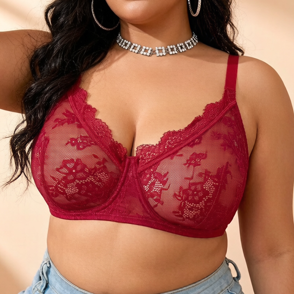 Sheer Mesh Bra - Женский бюстгальтер больших размеров, красный, кружевной,